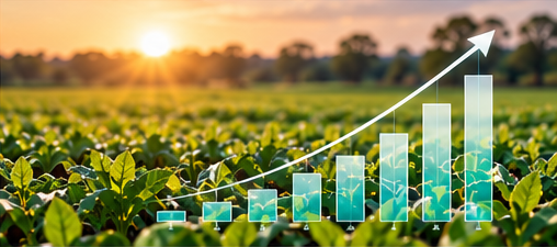 A field with a visual illustration of crop growth trends