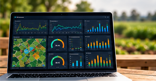 Laptop displaying agricultural charts, farm maps and dashboard data