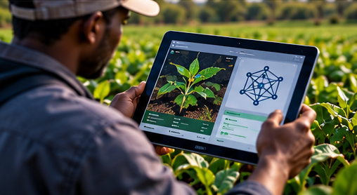 A farmer exploring crop data and machine-learning visuals on a tablet