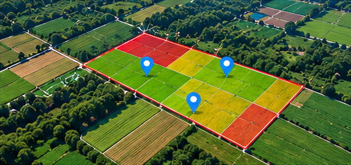 Aerial map showing farm plots and geofenced field areas