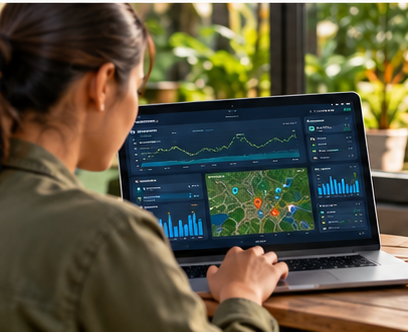 A researcher reviewing farm data and charts on a laptop