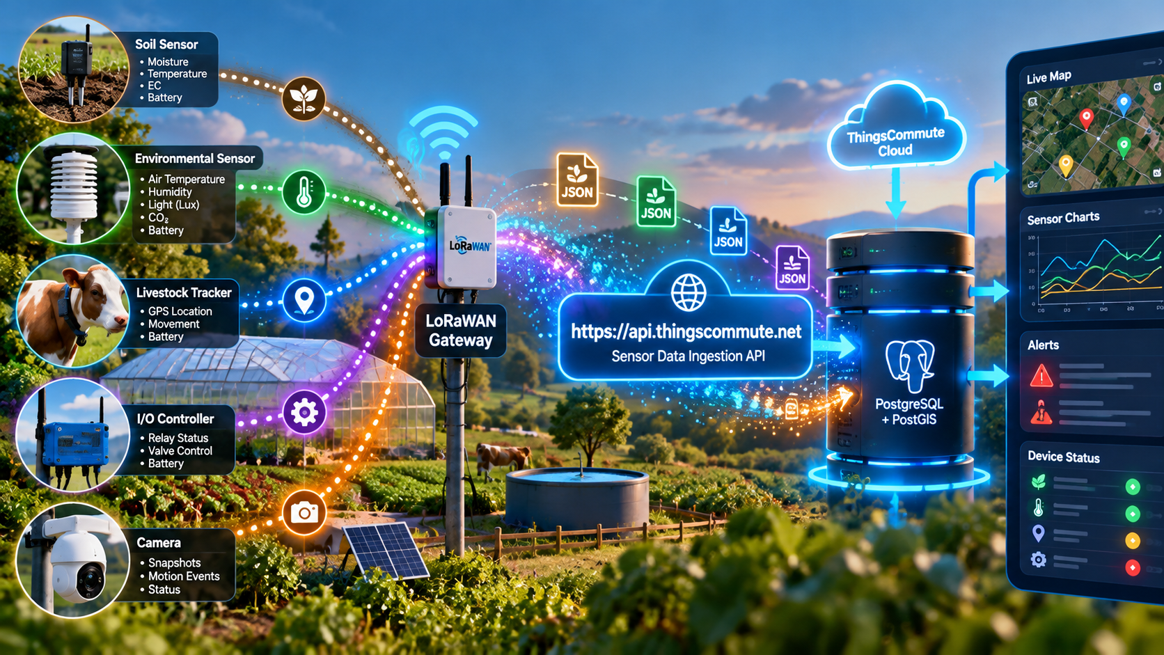 Illustration of farm sensors and livestock tracking sending data through a LoRaWAN gateway and ThingsCommute API to PostgreSQL/PostGIS and a farm dashboard