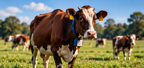A cow wearing a livestock tracking collar in a pasture