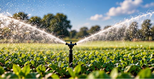 Sprinkler watering crops in a field