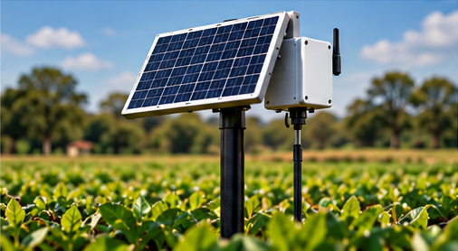 A solar panel powering a monitoring module in a field