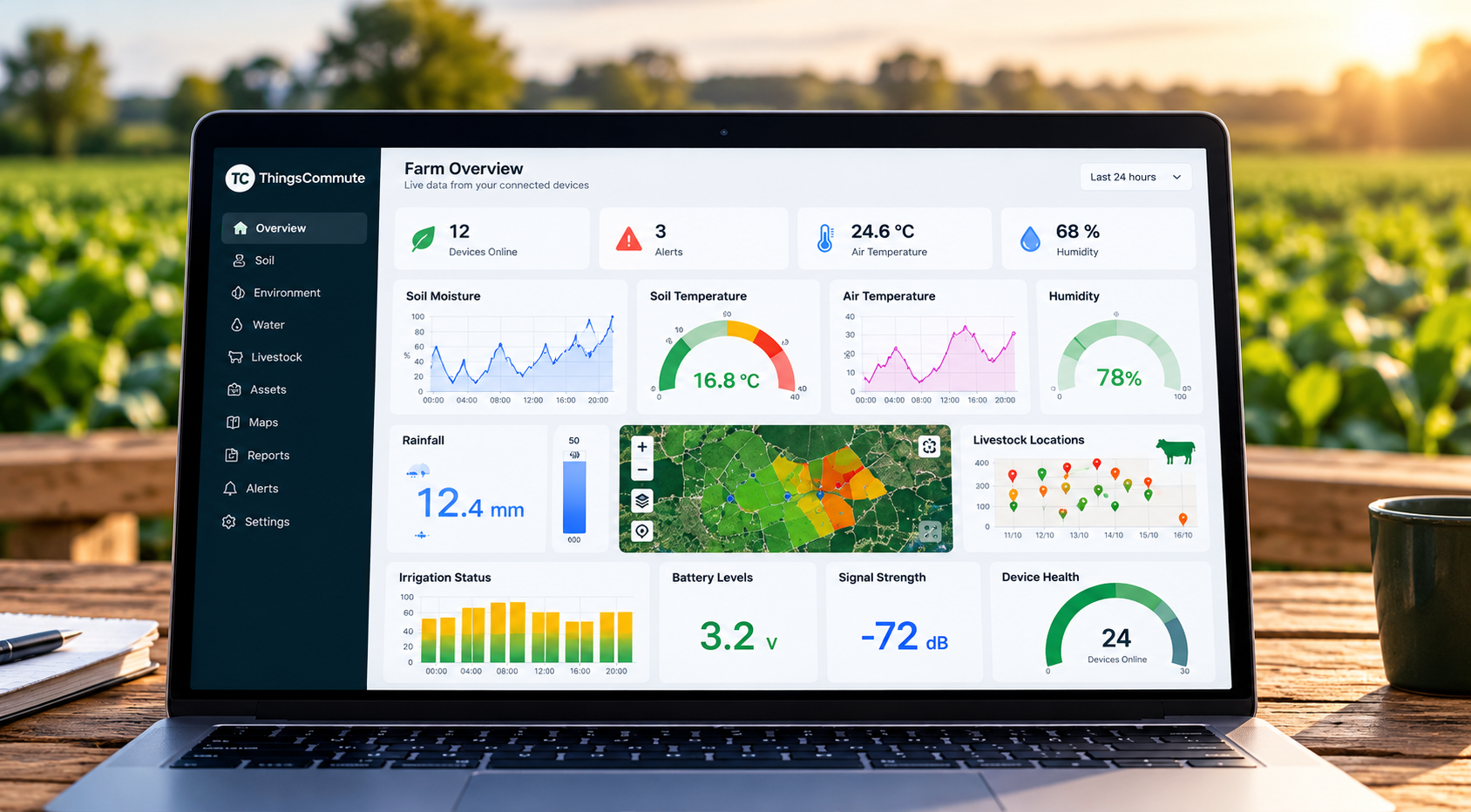 Illustrative ThingsCommute farm dashboard displayed on a laptop, with sensor charts, field maps, and farm data panels