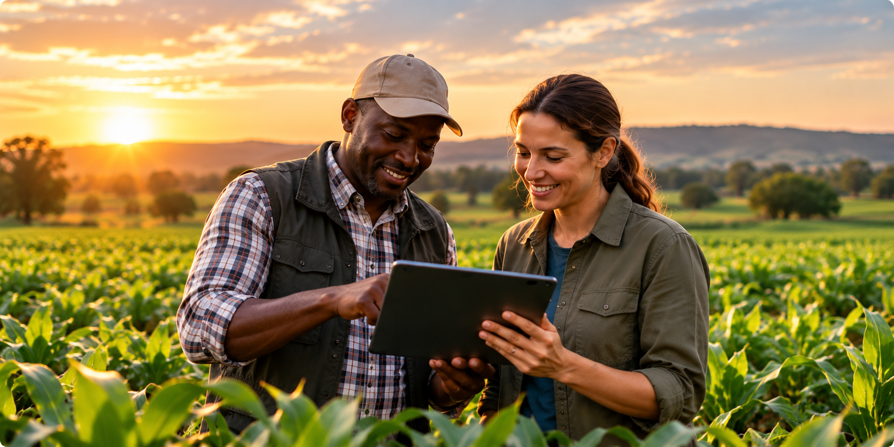 Two farmers reviewing agricultural information on a tablet in a field